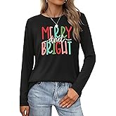 Christmas Shirts Womens Merry and Bright Shirt Christmas Tree Graphic Tee Xmas Holiday Long Sleeve Tshirt Top