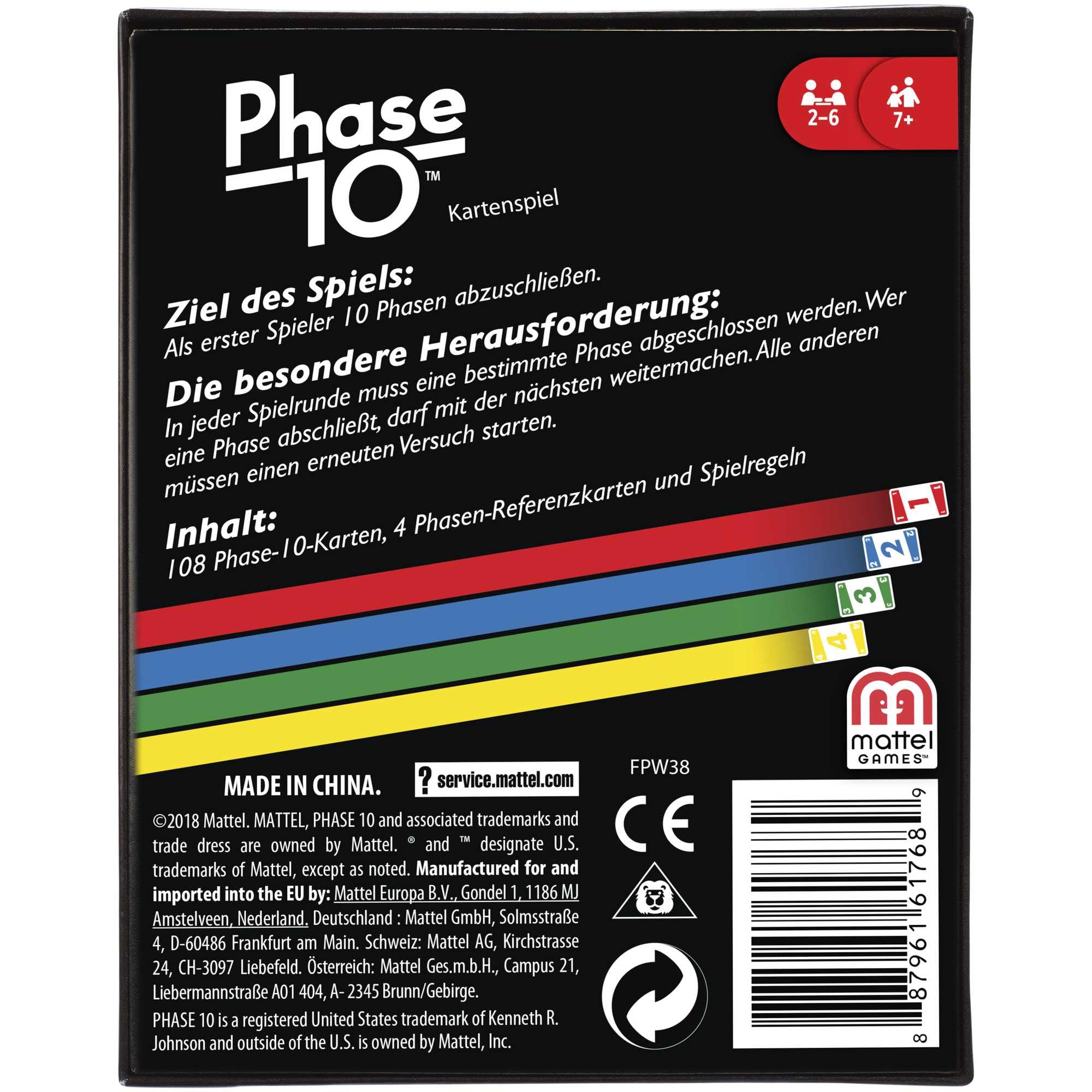Mattel Games Phase 10 Kartenspiel für die Familie, Deutsche Version, von den UNO-Machern, Rommé-ähnlich, Perfekt als Kinderspiel, Reisespiel oder Spiel für Erwachsene, für 2-6 Spieler, FPW38 6