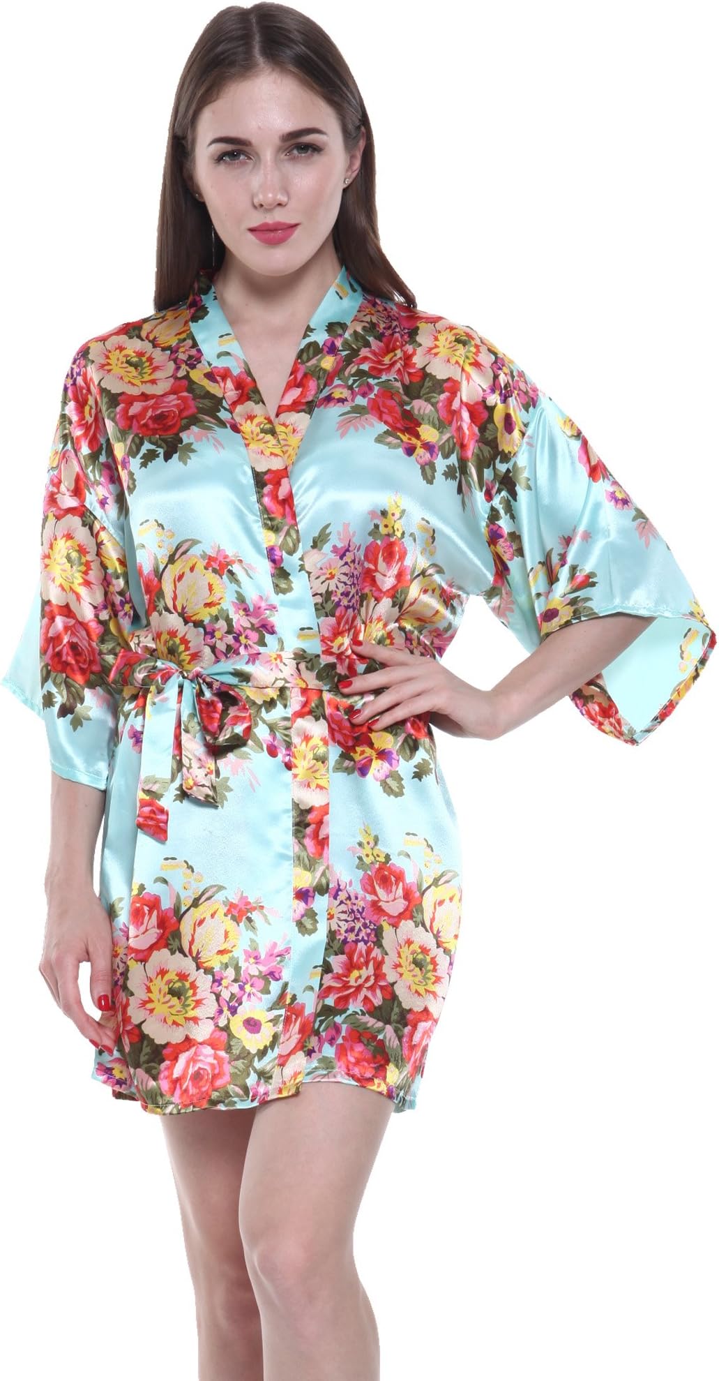 JOYTTON Women's Satin Floral Kimono Wedding Bridesmaid Getting Ready Robe Short