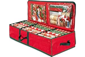 ZOBER Gift Wrapping Paper Organizer Storage - 40" Gift Wrap Storage Containers With Interior Pockets For Bows, Tags & Ribbons - Wrapping Paper Holder, Waterproof, Fits 24 Standard Rolls, Red