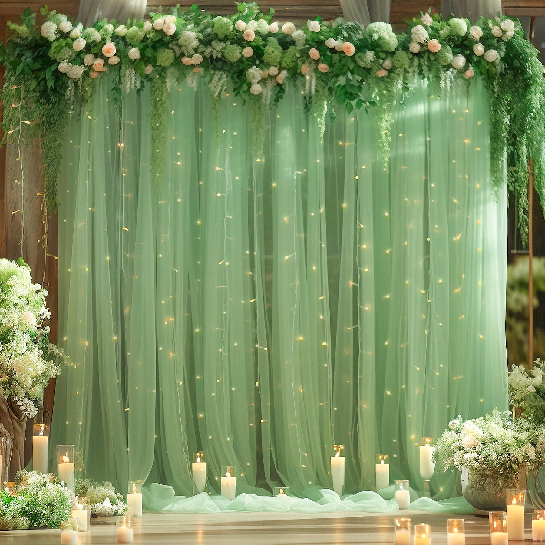 Photo 1 of 10ft x 8ft Green Backdrop Curtain with Lights String for Parties, Sheer Tulle Wedding Photo Backdrops Drapes for Baby Shower Birthday Party Decorations Background for Photography