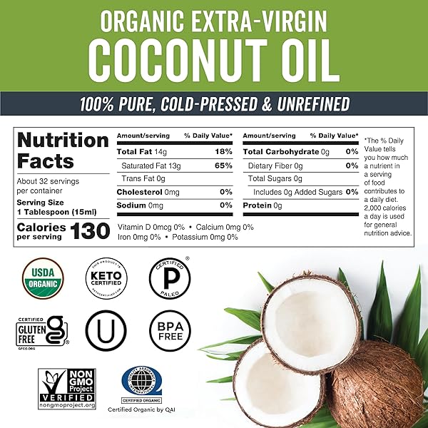 VIVA NATURALS ORGANIC COCONUT OIL, 16 FL OZ – UNREFINED, COLD-PRESSED EXTRA VIRGIN COCONUT OIL, USDA ORGANIC & NON-GMO, NATURAL COOKING OIL, HAIR OIL & SKIN OIL