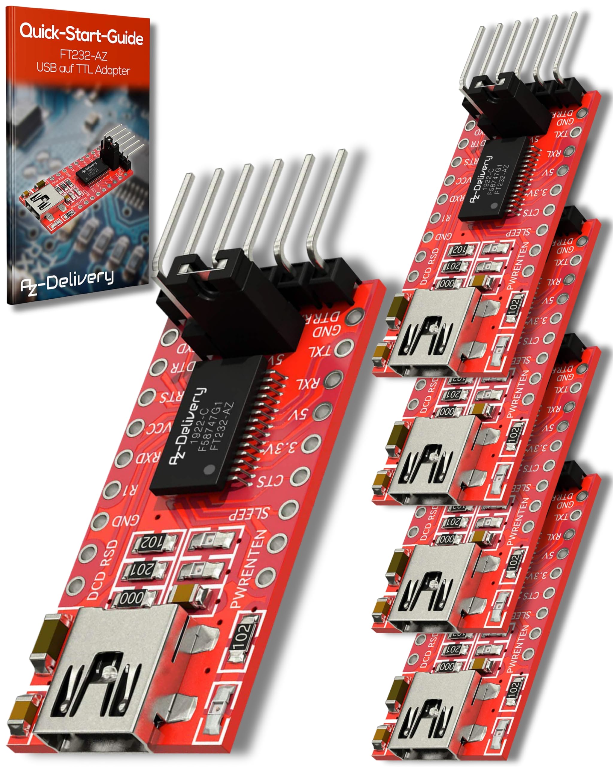 AZDelivery 5 x compatible with FT232RL Mini USB to TTL Serial Converter Adapter Module 3.3V 5.5V FT232R Port DTR RX TX VCC CTS GND Pin compatible with Arduino and Raspberry Pi including E-Book!
