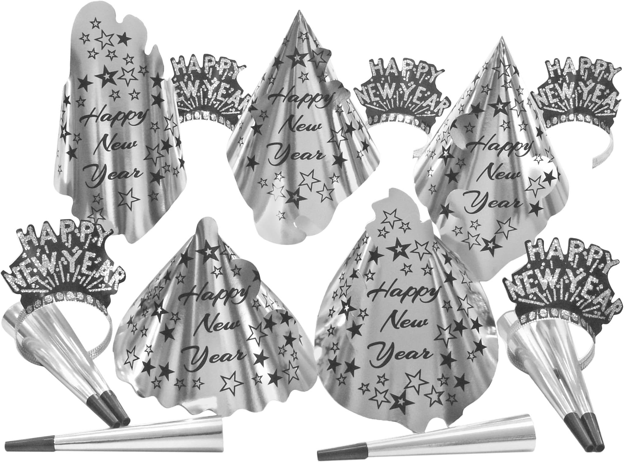 Happy New Year's Eve Silver Party Kit for 10 People 5 Silver Foil Hats 5 Glitter Tiaras 10 Silver Foil Horns