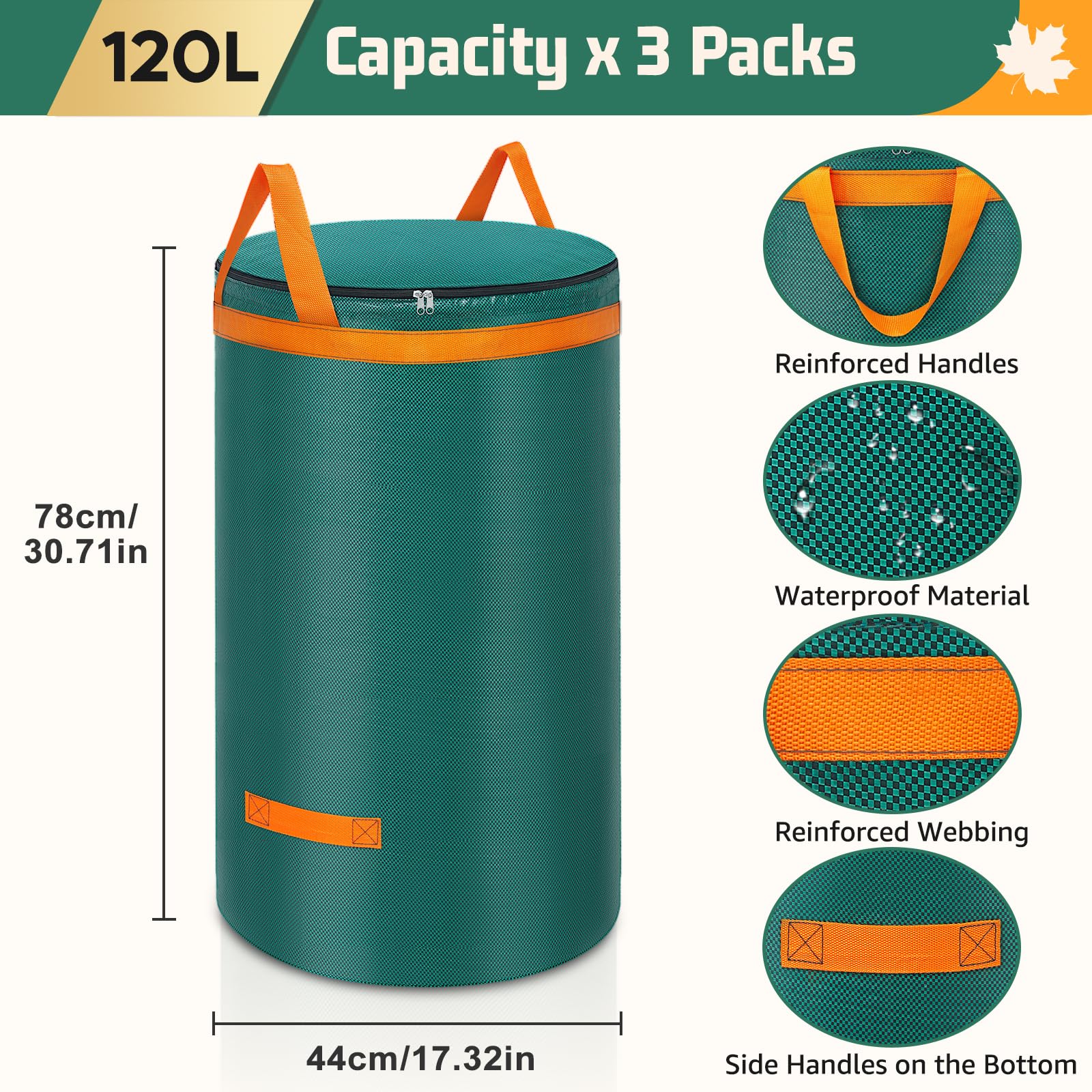 Enbagold 3X 120L Gartenabfallsack Stabil, Laubsack mit Deckel und Griffen Gartensack Groß, Gartenabfallsäcke Gartensäcke Grünschnittsack, Selbststehend Grünschnittsäcke, Abfallsack für Gartenabfälle 2