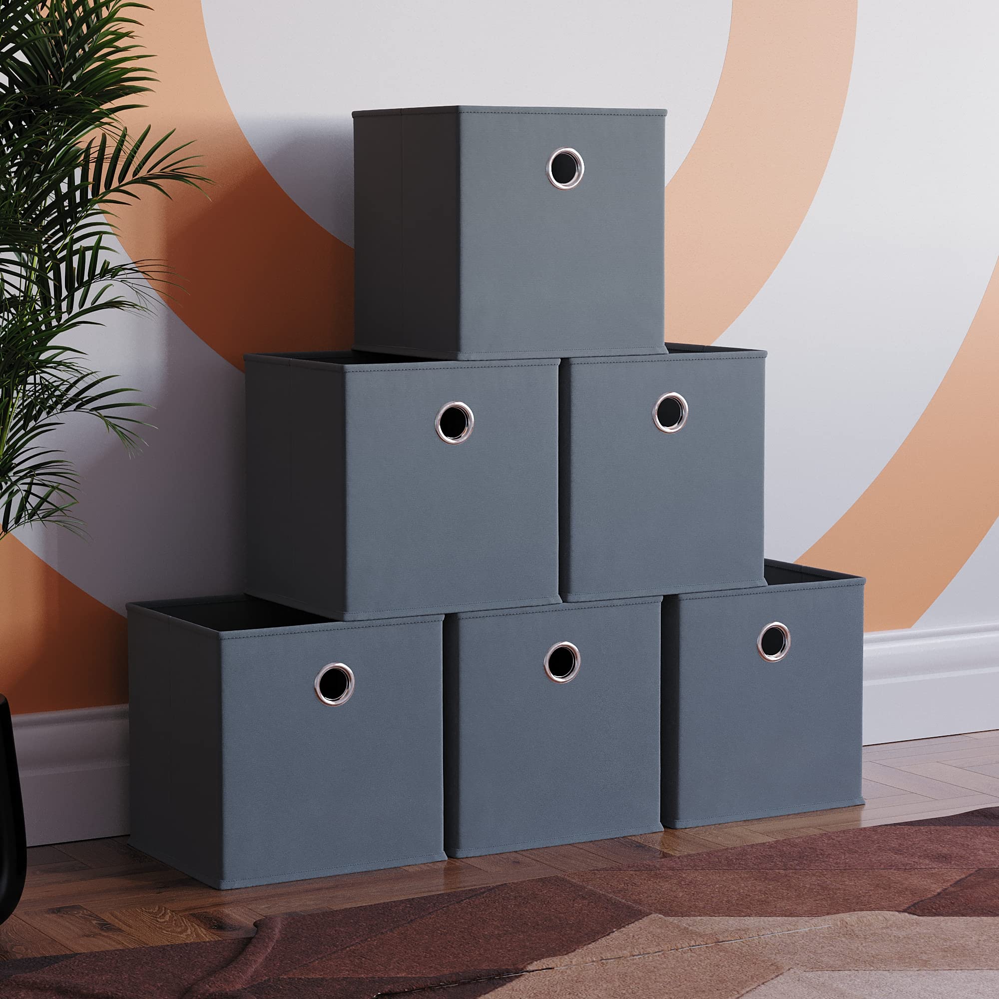 Vida Designs Durham Foldable Storage Cube Baskets Fabric Box With Metal Easy Access Handle Home Organiser (6 Pack, Grey)