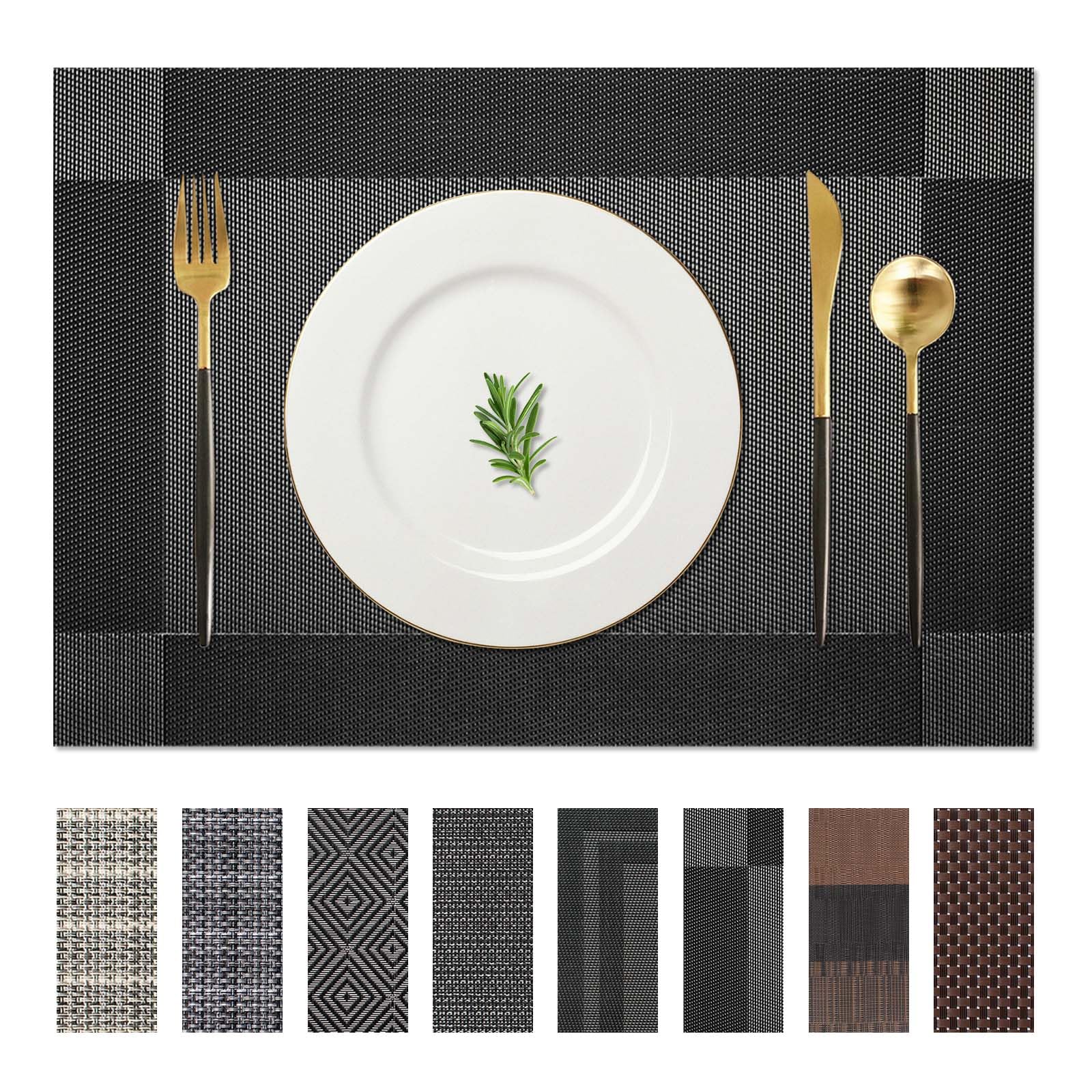 AHHFSMEI Placemats，Placemats Set of 6 for Dining Table Washable Woven Vinyl Non-Slip Placemat Heat-Resistant Durable Table Mats for Dining Table Easy to Clean（Black Corner）