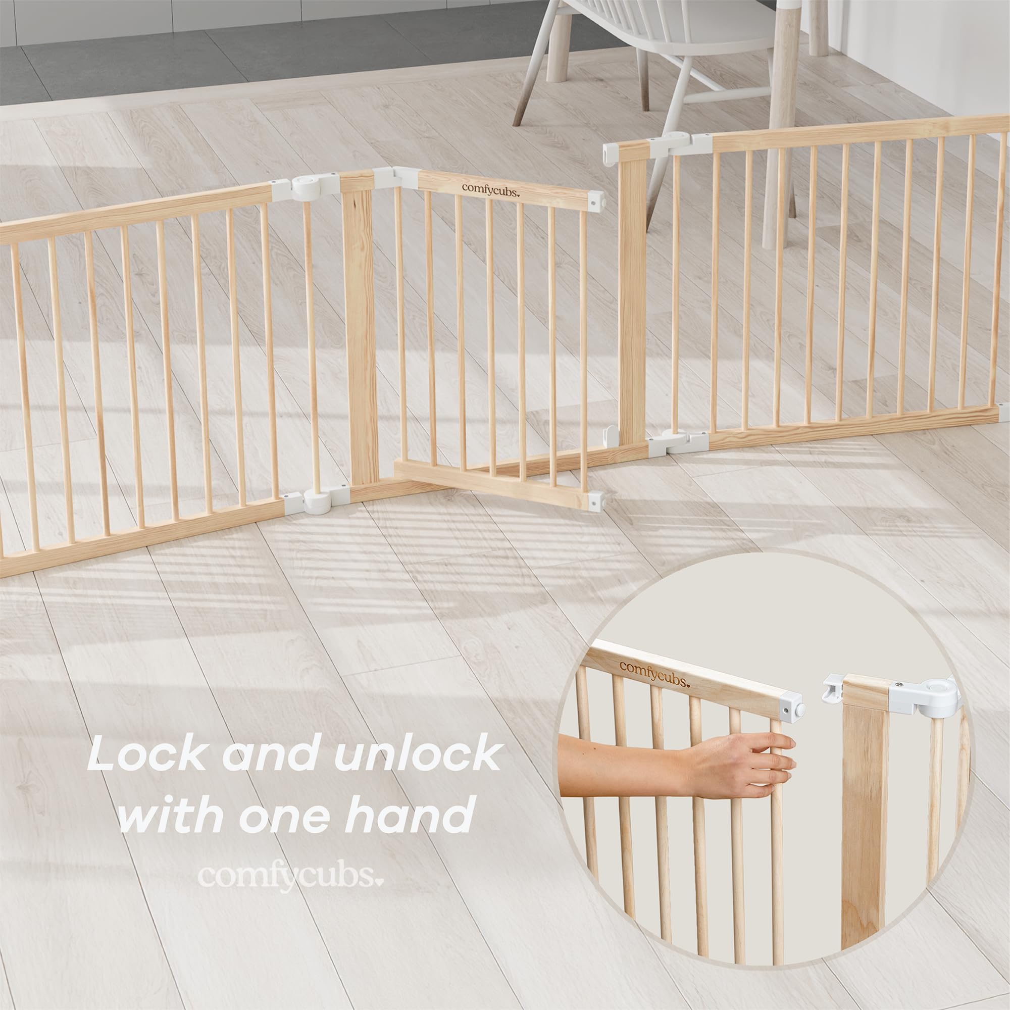 Comfy Cubs Baby Gate Playpen - 57 x 57 x 25 in, Extends Up to 228” - Pine Wood Foldable Playpen with Child-Proof Lock - Easy Assembly Baby Fence Play Area for Babies & Toddlers - Light Wood White
