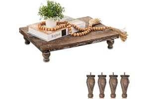 Hanobe Wooden Riser Decorative Tray: Farmhouse Wood Pedestal Display Stand Rustic Brown Tray Riser Centerpiece for Coffee Bar Kitchen Dining Room Home Table Decor, Short & Tall Footed