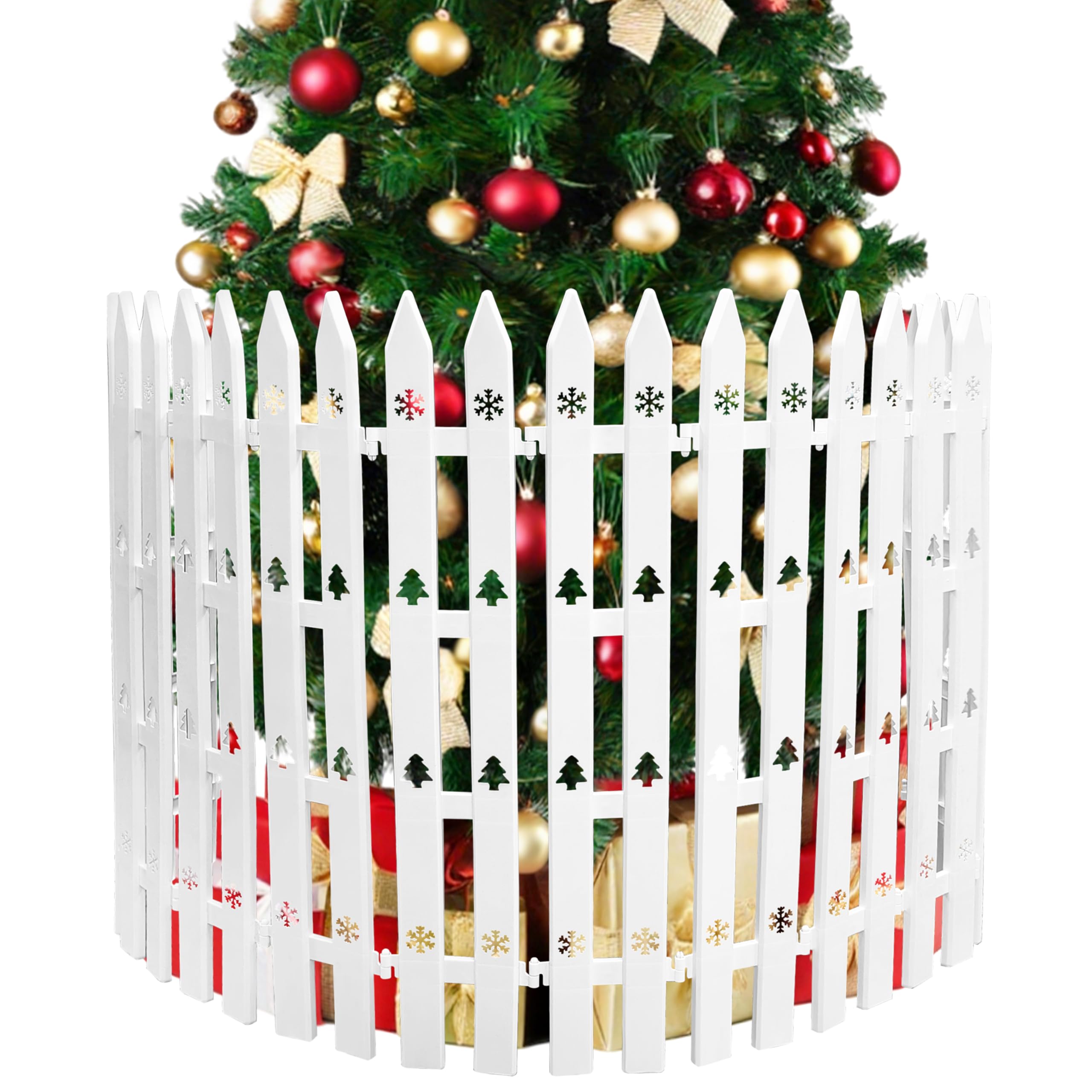 Photo 1 of 24" Extra Tall Fence for Christmas Tree,24PCS White Picket Fence Baby Gate Barrier with Snowflakes&Tree Patterns Christmas Tree Gate for Pets & Kids(24" H x 5" W Each)