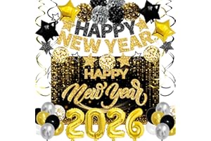 GUPESXU New Years Eve Party Supplies 2026 Happy New Year Decorations Kit - Black Gold Happy New Year Banner, Backdrop, 2026 Balloons, Pom Poms and Hanging Swirls for Kids Adults Party Decor