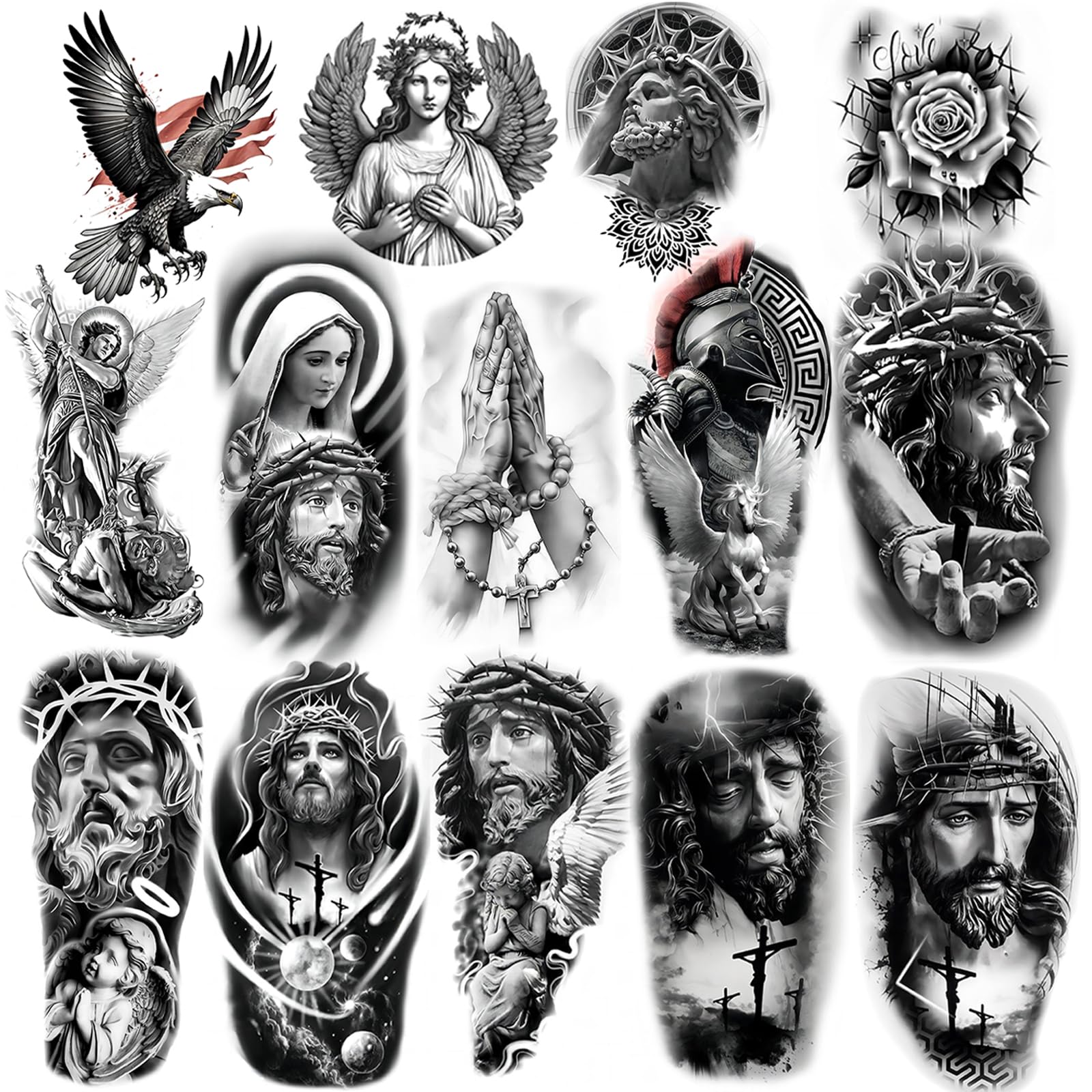 Religious Tattoos - Angels, Jesus, Mary Stickers - Large Temporary Tattoos for Men & Women