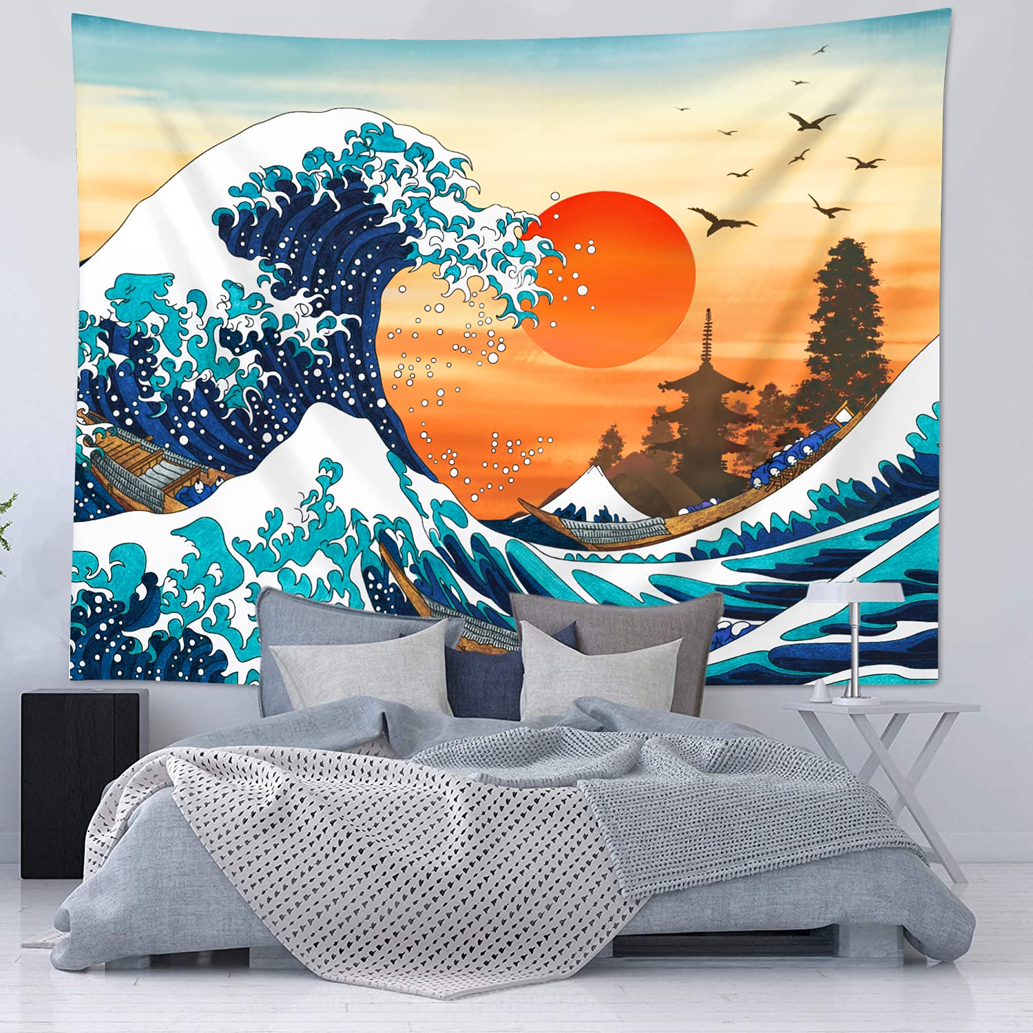 Bonhause Great Wave Tapestry Wall Hanging Japanese Kanagawa Ocean Wave and Sunset Wall Tapestry for Bedroom Living Room Dorm Decor (150x200cm)