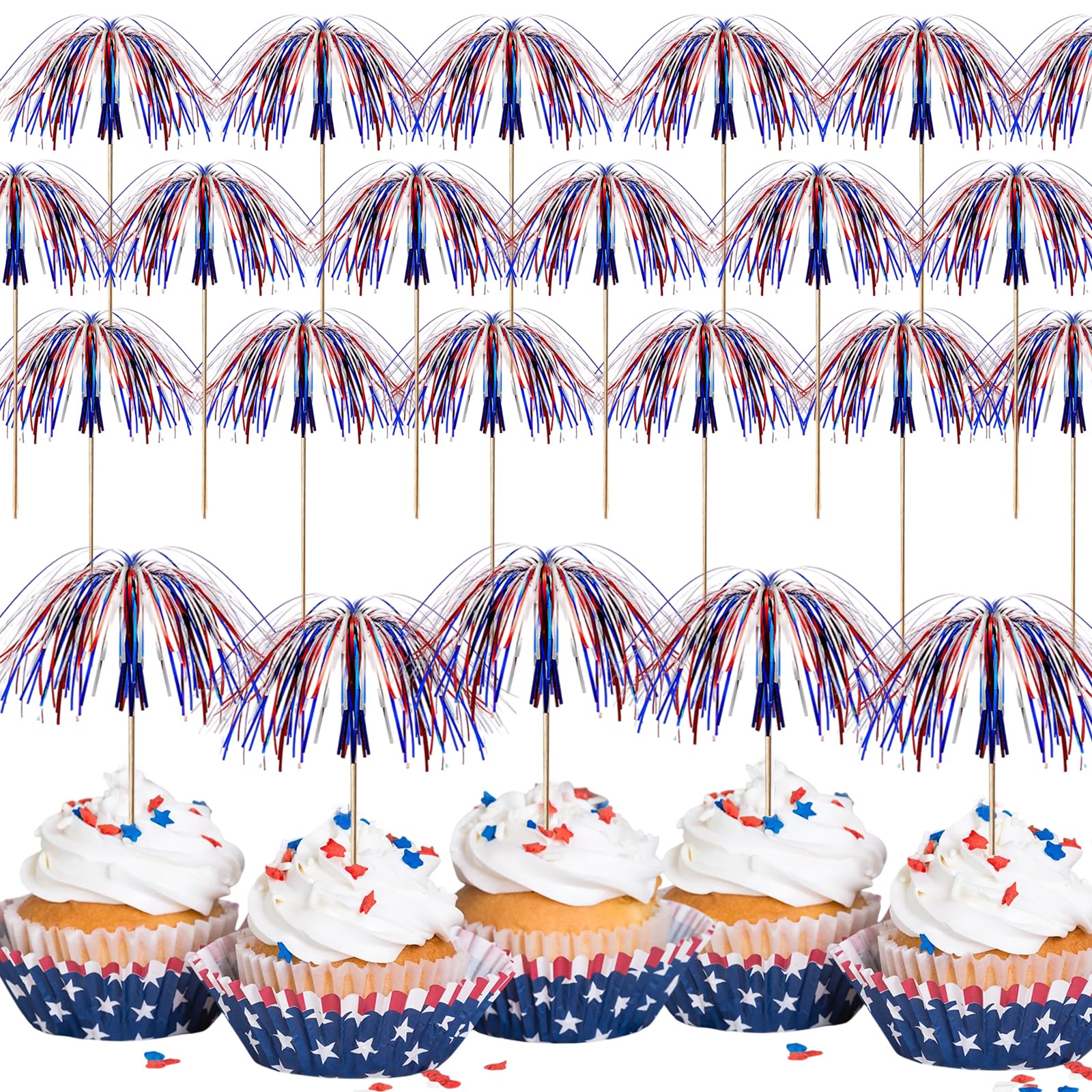 Photo 1 of 100 Pcs 4th of July Firework Pick Patriotic Red White Blue Cake Cocktail Food Fruit Drinks BBQ Dessert Picks Cupcake Topper Decoration for Independence Day Party Supplies