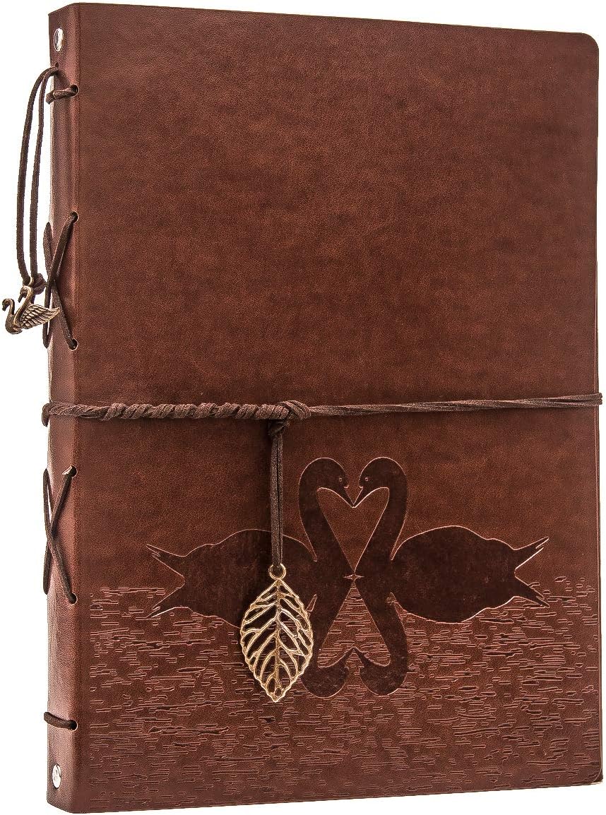 YAOHU Photo Album Scrapbook, Black Pages Scrap Book Vintage Wedding Guest Book Retro Travel Memory Book, Birthday Present Anniversary Valentines for Him Her Women Men, Swan Brown