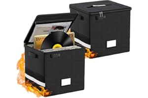 Ohwekit Vinyl Record Storage Box with Lock, 2 Packs Fireproof & Water-Resistant Record Organizer for 100+ 12-inch Vinyl Albums, Collapsible Crate with Lid & Handles, 13"x13"x13" Record Case