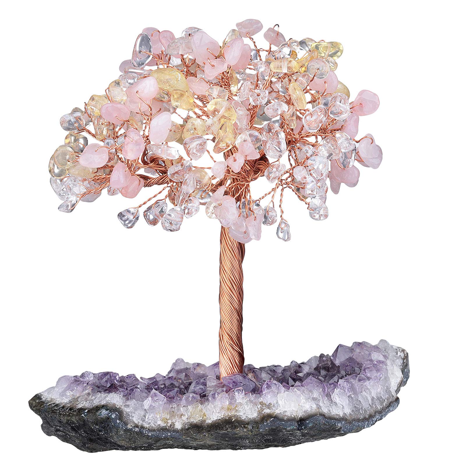 Mookaitedecor Rose & Clear Quartz Crystal Tree With Crystal Cluster Base - Bonsai Money Tree Gift for Wealth Luck Feng Shui - Reiki Healing Purple Room Decor Ornament