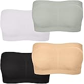 ZYQEXA 4 Pcs Strapless Bandeau Bras for Women - Wireless Seamless Padded Tube Bras Womens Strapless Bralette Full Coverage Comfy Tube Top Bra Padding No Underwire White Nude, L