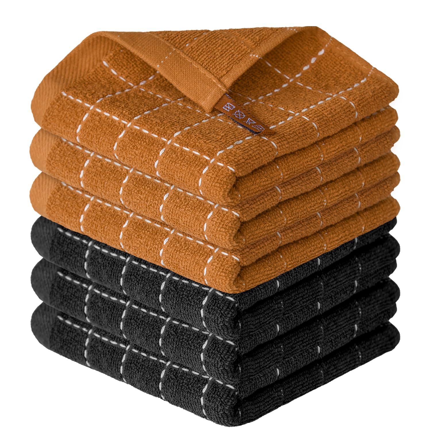View 1 of (ONLY 2) Artoid Mode Checkered Designed Cotton Black Caramel Terry Kitchen Dish Cloths, 12x12 Inch Soft Absorbent Quick Drying Cleaning Kitchen Rags Set of 6