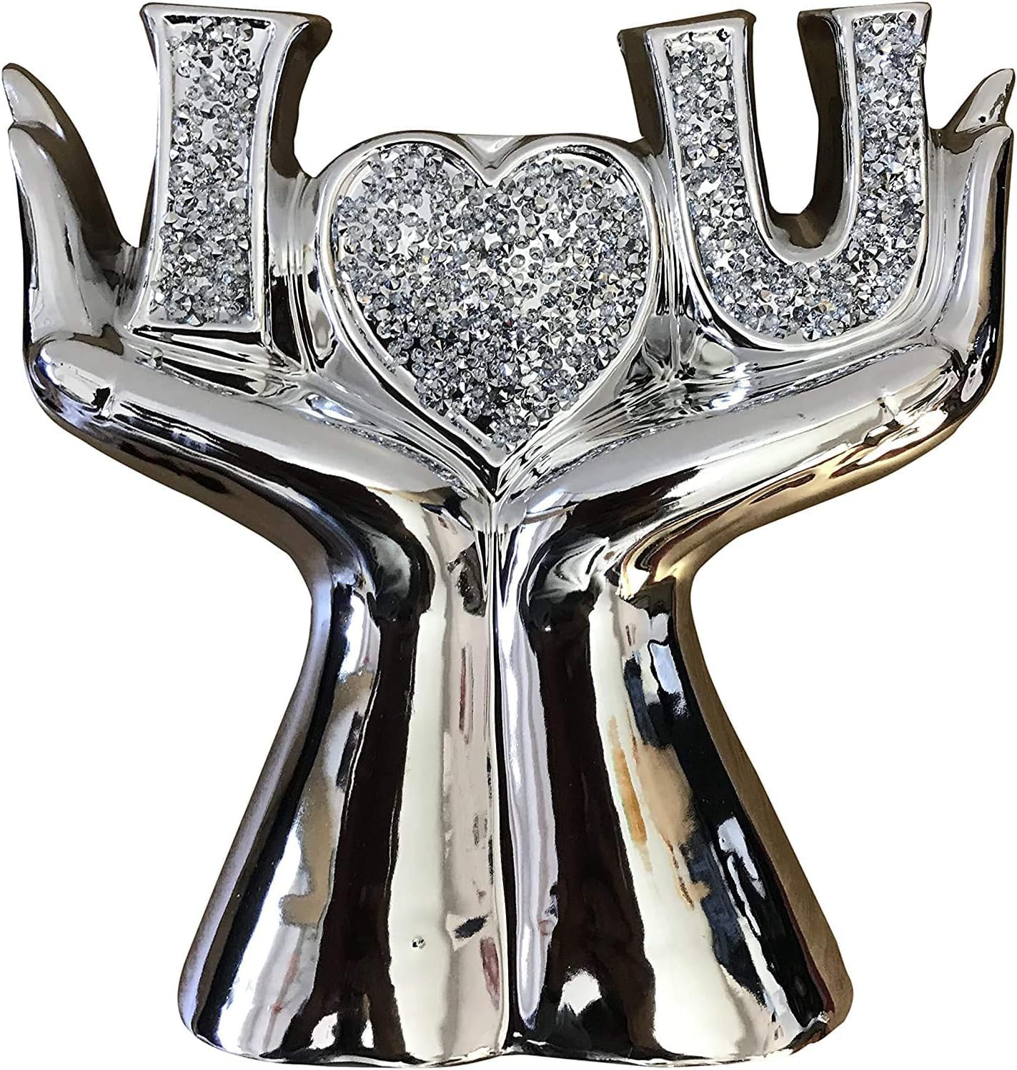 Fair Trade & Handmade | Silver I L U Holding love Shelf sitter display Sparkle Home Decor Gift Mantelpiece Ornament Bling Crushed Diamond Gift 'I 💗 U' Sign | 25cm x 10cm |