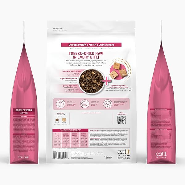 CATIT RECIPES DOUBLE FUSION KITTEN FOOD – CHICKEN RECIPE, 96% ANIMAL PROTEIN, FREEZE-DRIED RAW TOPPINGS, NO BY-PRODUCTS, HIGH-NUTRIENT WET & DRY BLEND FOR HEALTHY GROWTH, 4 LB