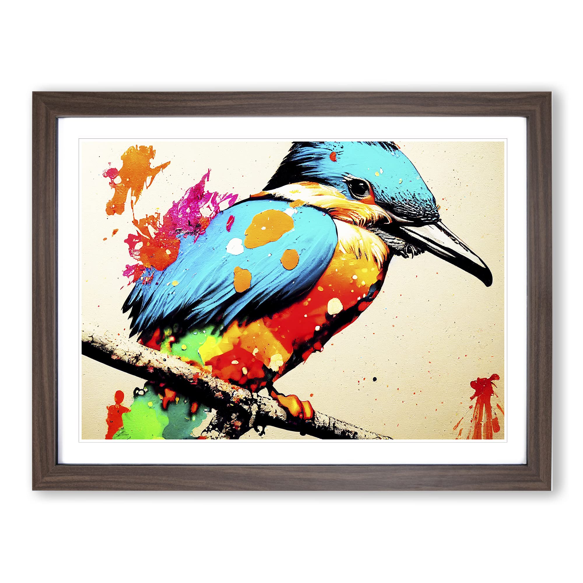 Kingfisher Bird Splashed Vol.4 Abstract WHT Framed Print | A4 Walnut Framed Wall Art | Ready to Hang | Abstract Fantasy Picture | Living Room Bedroom Lounge Office