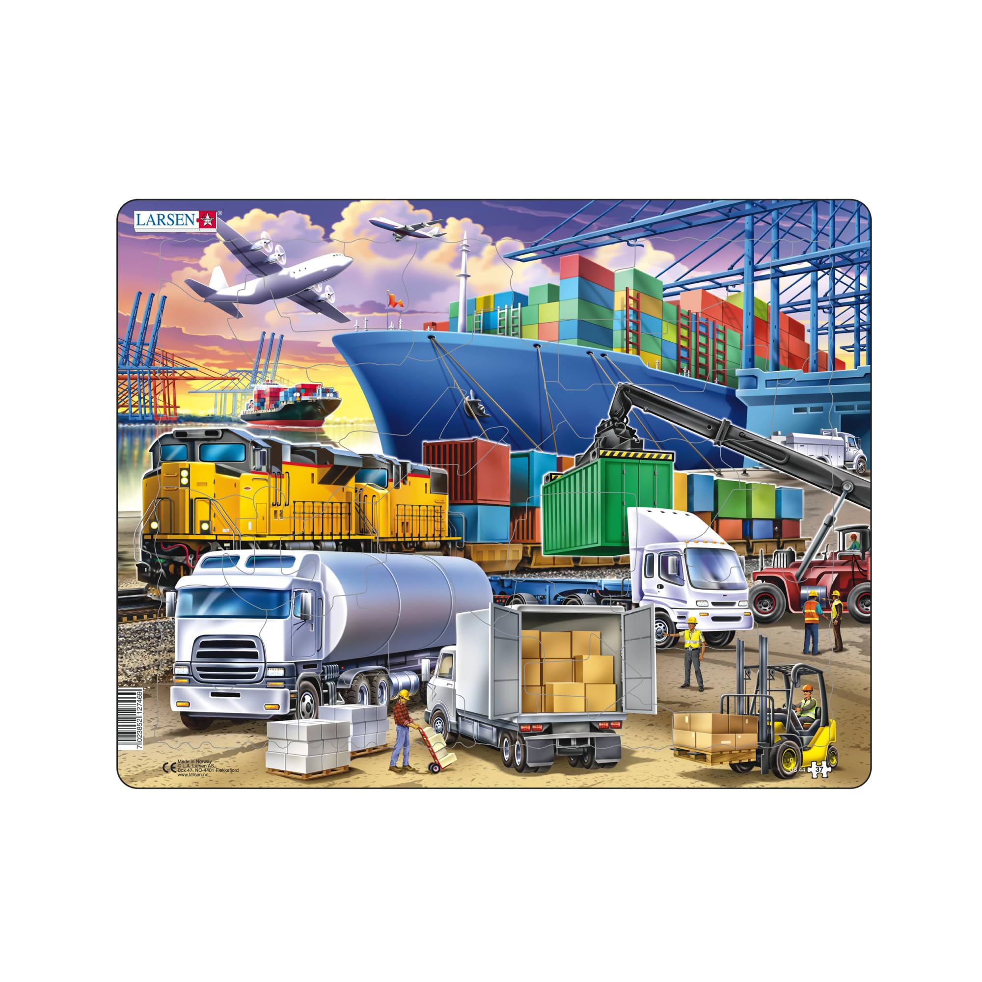 Larsen US44 Busy Cargo Hub With Ships, Trucks, Trains and Planes, 37 Piece Boxless Tray & Frame Jigsaw Puzzle