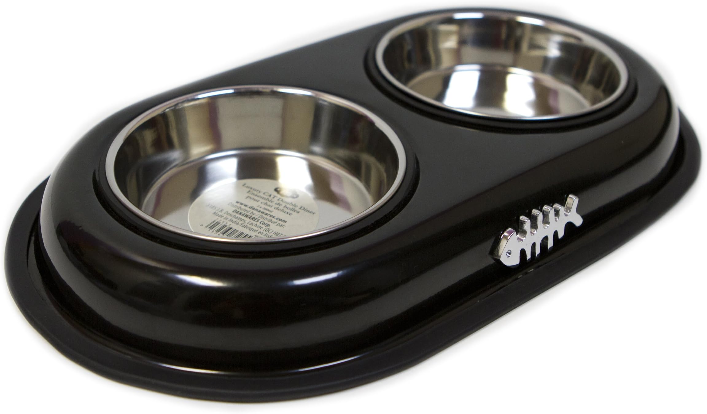 Danazoo Cat Dual Diner with Fish Attachment and Stainless Steel Bowl, Black