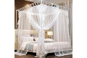 KERTNIC 4 Corners Post Bed Canopy Curtain Mosquito Net Bed Canopy, Queen King Bed Tent Netting, Elegant Bed Curtains for Girls Adults Bedroom Decor (White, Full)