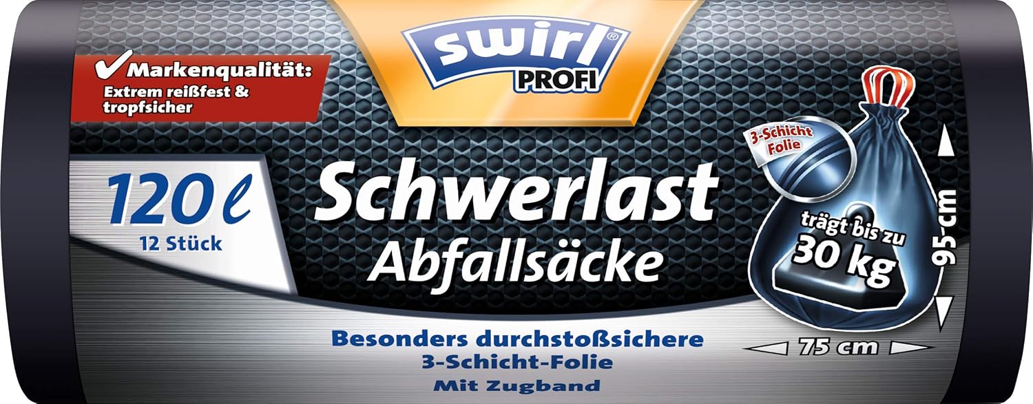 Swirl Profi Schwerlast-Abfallsäcke mit Zugband 120l, 12 Stück pro Rolle
