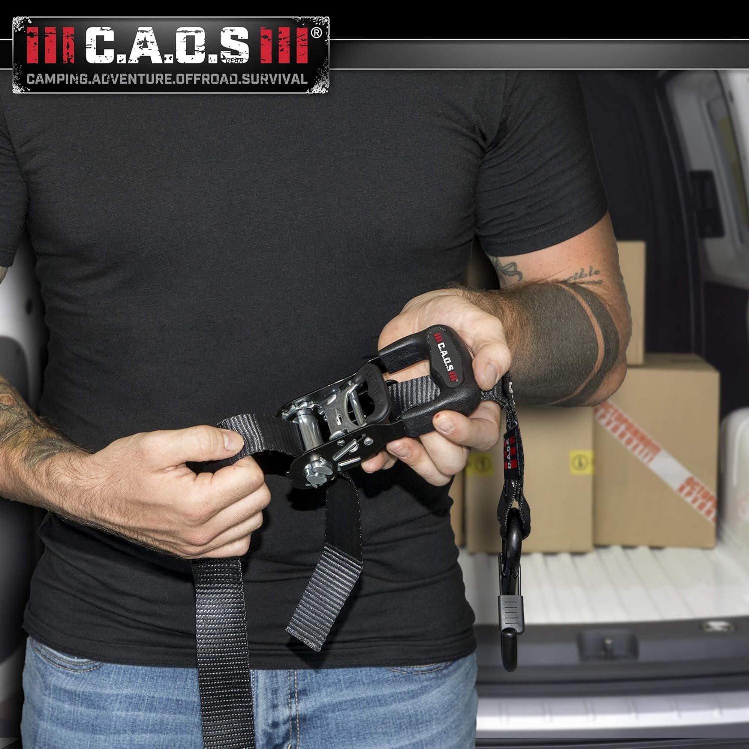 CAOS Gear Motorcycle Ratchet Straps, Pack of 2, Black, to Secure Car, Truck, ATV - Premium, Heavy-Duty Tie Down Straps for Trucks, made with Coated Steel, Chromoly - Durable Soft Loop Tie Down Kit (2): Automotive