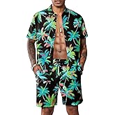 LecGee Mens Coconut Tree Hawaiian Sets Casual Short Sleeve Button Down Shirts Shorts 2 Piece Outfits Summer Tracksuit