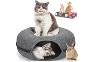 HOMAGICO Peekaboo Cat Cave & Tunnel Bed - Detachable Donut Tunnel, Cat Blanket, Scratching & Hiding Nest for Indoor Cats up to 8 lbs (Dark Grey)