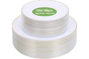 Moretoes 100PCS White Gold Plastic Plates Disposable,Party Plates White with Gold Rim, 10.25inch Dinner Plates and 7.5inch Dessert Salad Plates Heavy Duty Plates for Wedding Party and Birthday