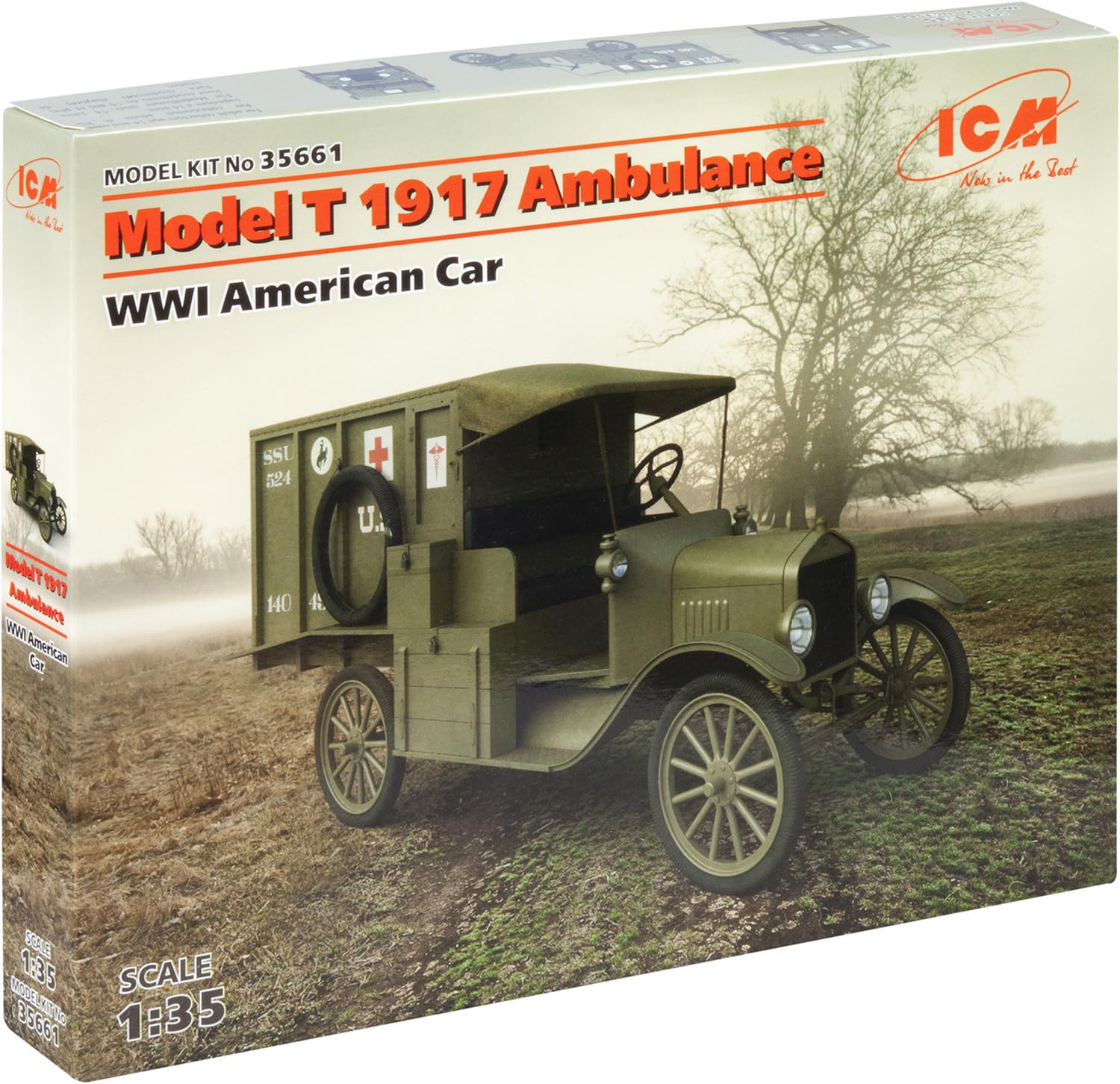 ICM ICM35661 1:35-Model T 1917 Ambulance, WWI American Car, Olive Green