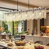 Danshinro 4FT Dining Room Chandelier, Black Dining Room Light Fixture Linear Crystal Design with Water Ripple Glass & Large R