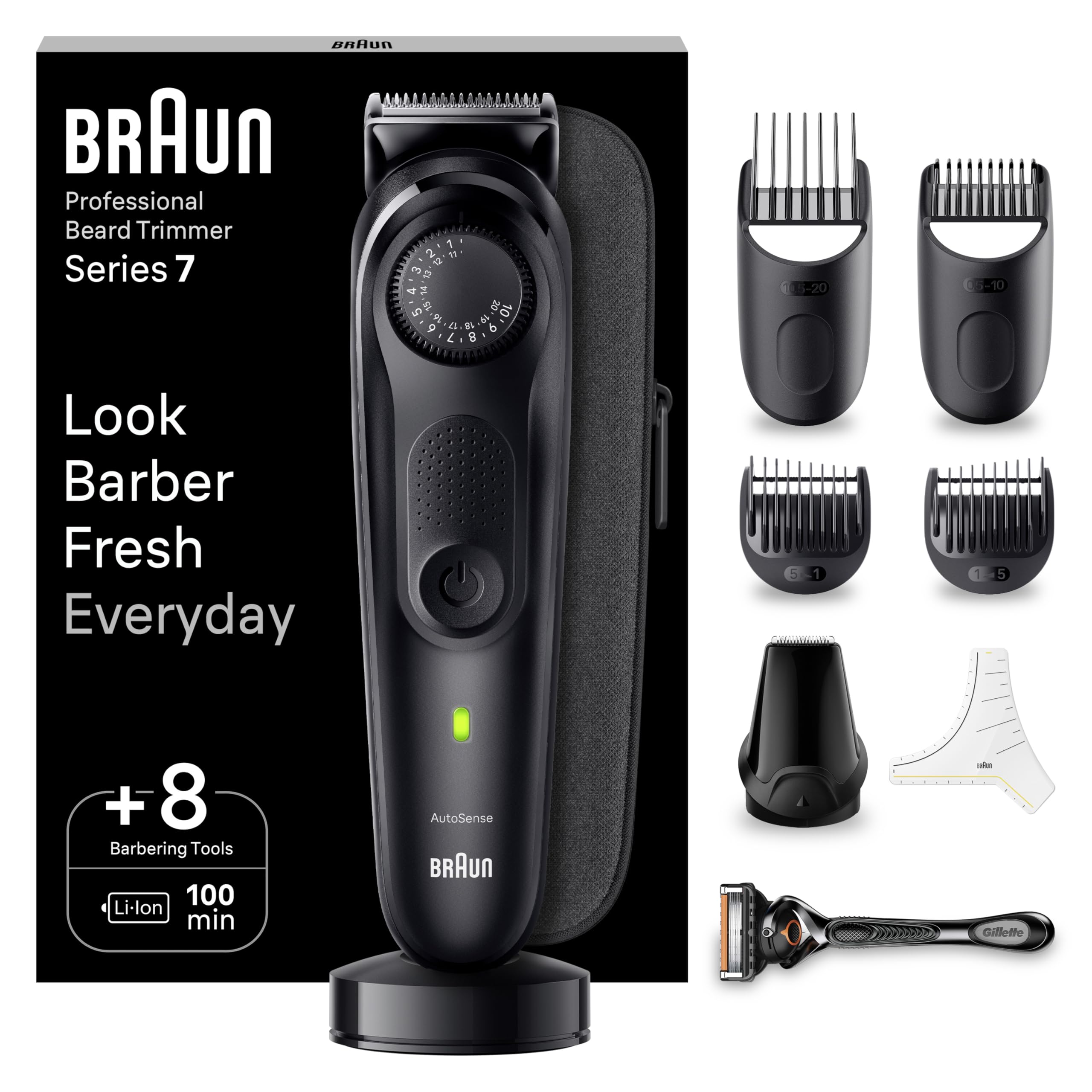 Braun Barttrimmer Series 7, Elektrischer Bartschneider Herren mit 8 Zubehörteile, Ultrascharfe ProBlade Klinge, 100 Min Akkulaufzeit, Kabelloser Bartrasierer, 40 Längen, Wasserdicht, BT7440, Schwarz