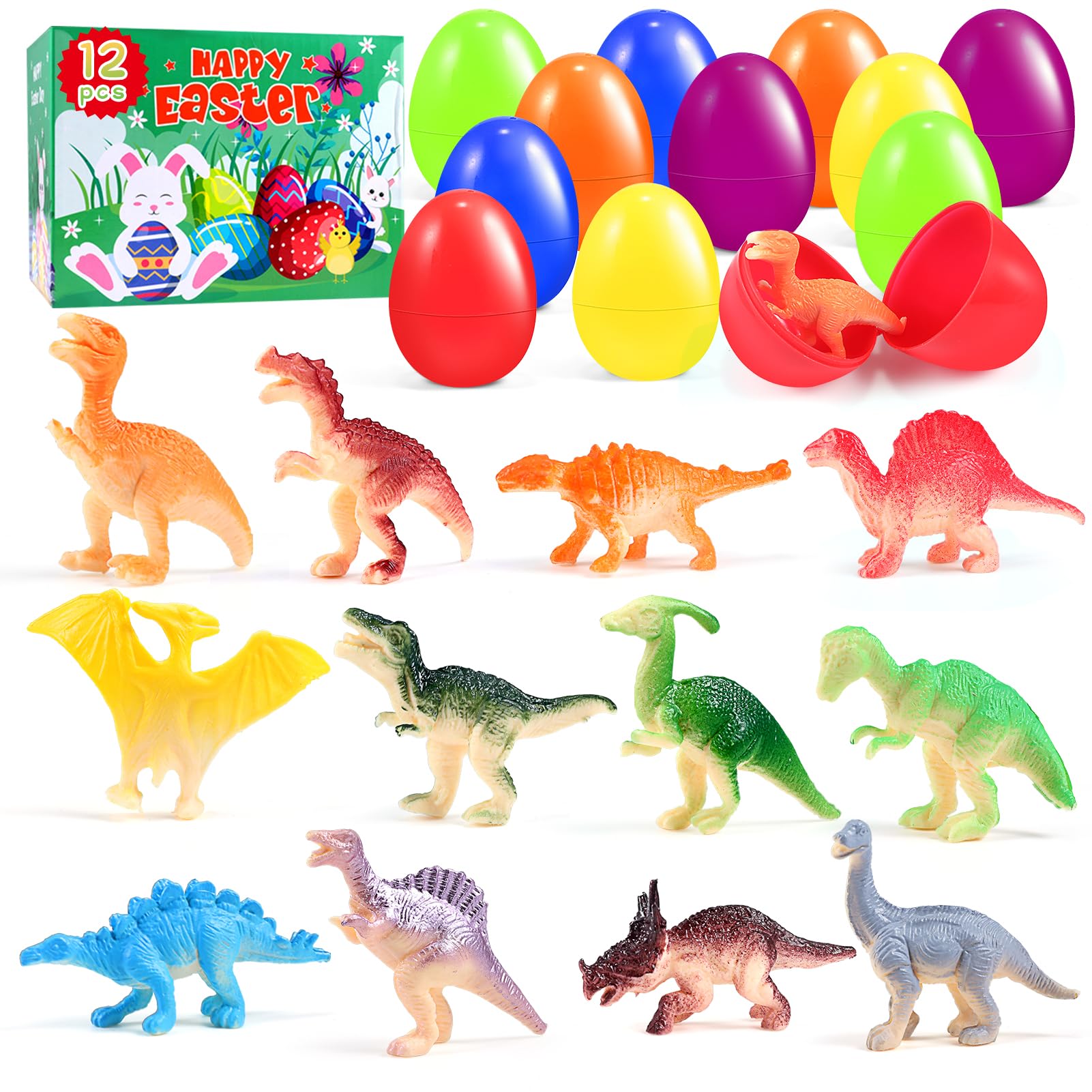 12 PCS Prefilled Easter Eggs with Dinosaur Toys, Filled Easter Basket Stuffers Gifts for 3-8 Year Old Kids Toddlers, Easter Egg Fillers Party Favors Classroom Prize Supplies