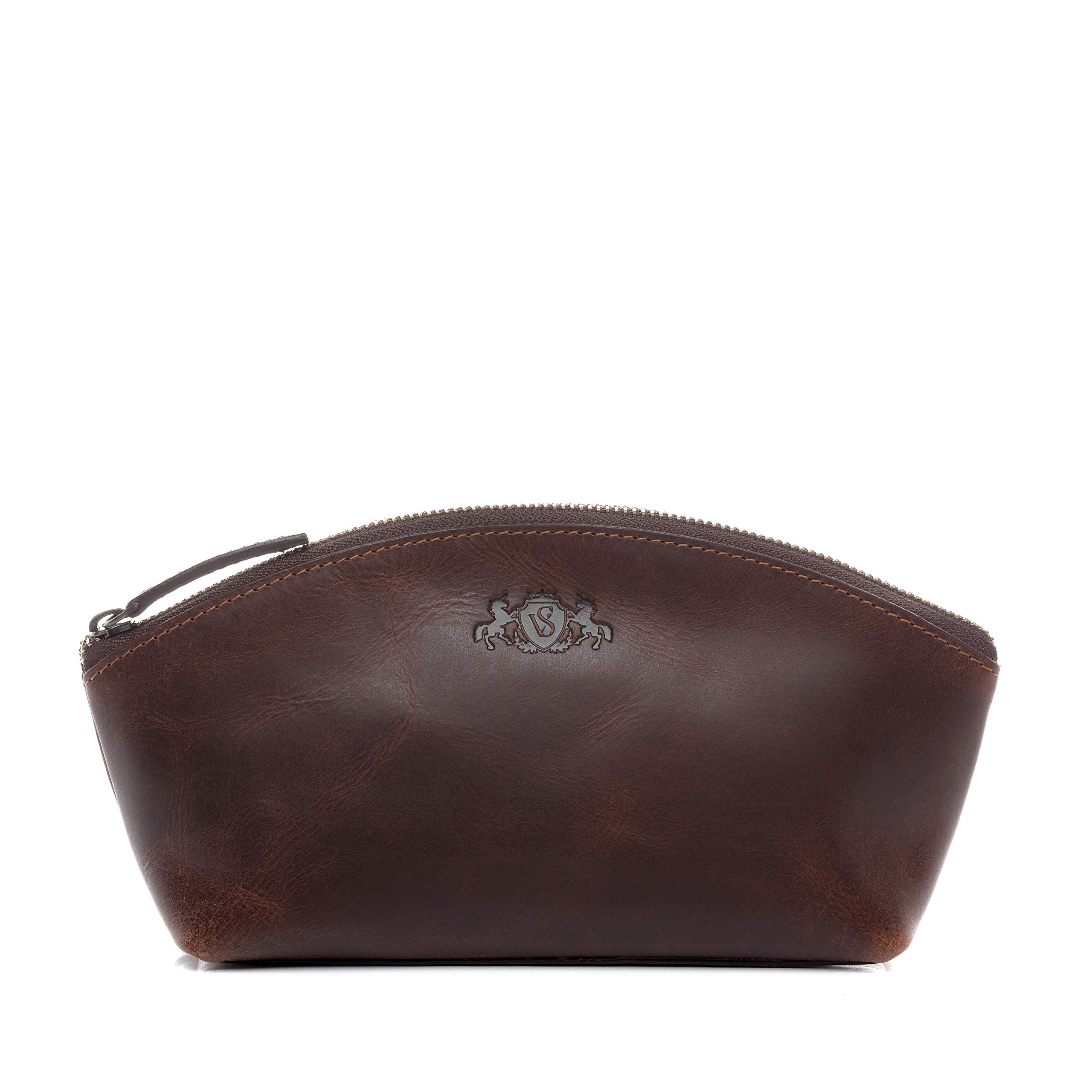 SID & VAIN Cosmetic Bag Abby Medium Make-up Pouch Real Leather Beauty Bag Genuine Leather Women Men Unisex Brown