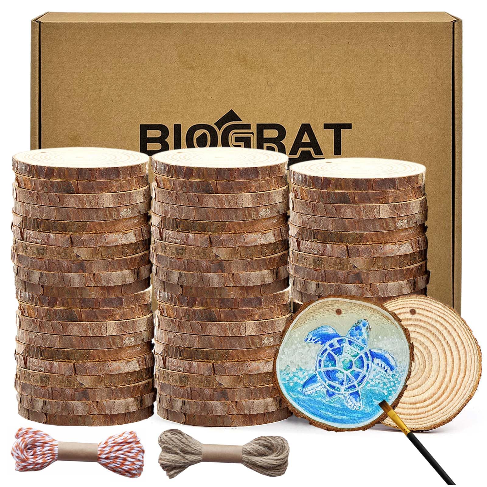 BIOGRAT Wood Slices for Crafts 6-7cm, 60 Pcs Wooden Discs with 2 Ropes pre-drilled, 0.5cm Thick for Craft DIY Christmas Ornaments