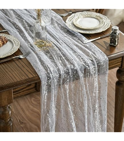 Chemin De Table En Mousseline Scintillante Argentée - Décoration De Table Bohème Chic Pour Mariage, Anniversaire, Fêtes - Tissu Léger Avec Drapé