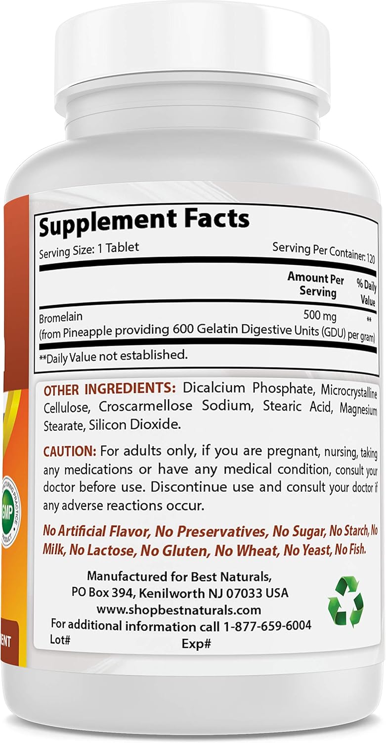 Best Naturals Bromelain Proteolytic Digestive Enzymes Supplements, 500 mg, 120 Tablets - Supports Healthy Digestion, Joint Health, Nutrient Absorption: Health & Personal Care
