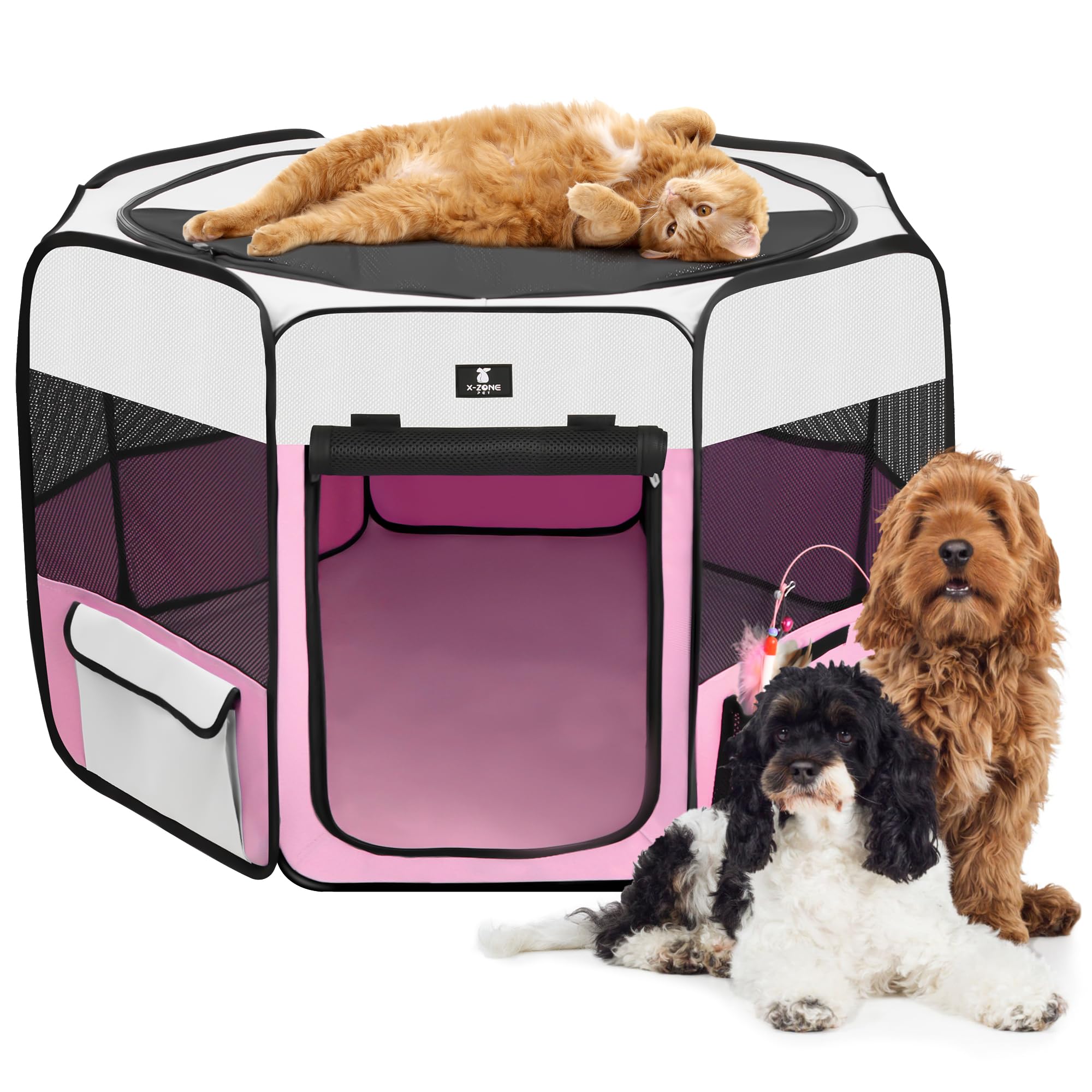 Photo 1 of X-ZONE PET Dog Playpen Portable Pet Play Pens for Puppies, Cat, Rabbit, Chicks, Foldable Exercise Play Tent Kennel Crate, Indoor/Outdoor Travel Camping Pink Small