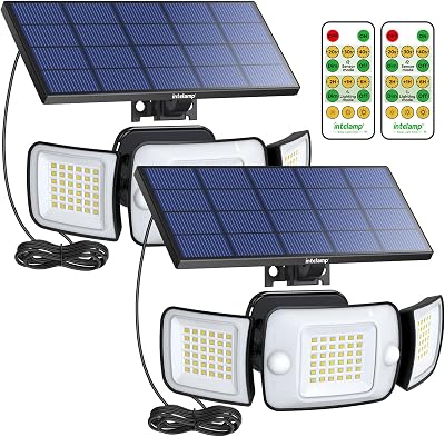 Intelamp Solar Security Flood Lights Outdoor Motion Sensor with Remote, 2 Pack