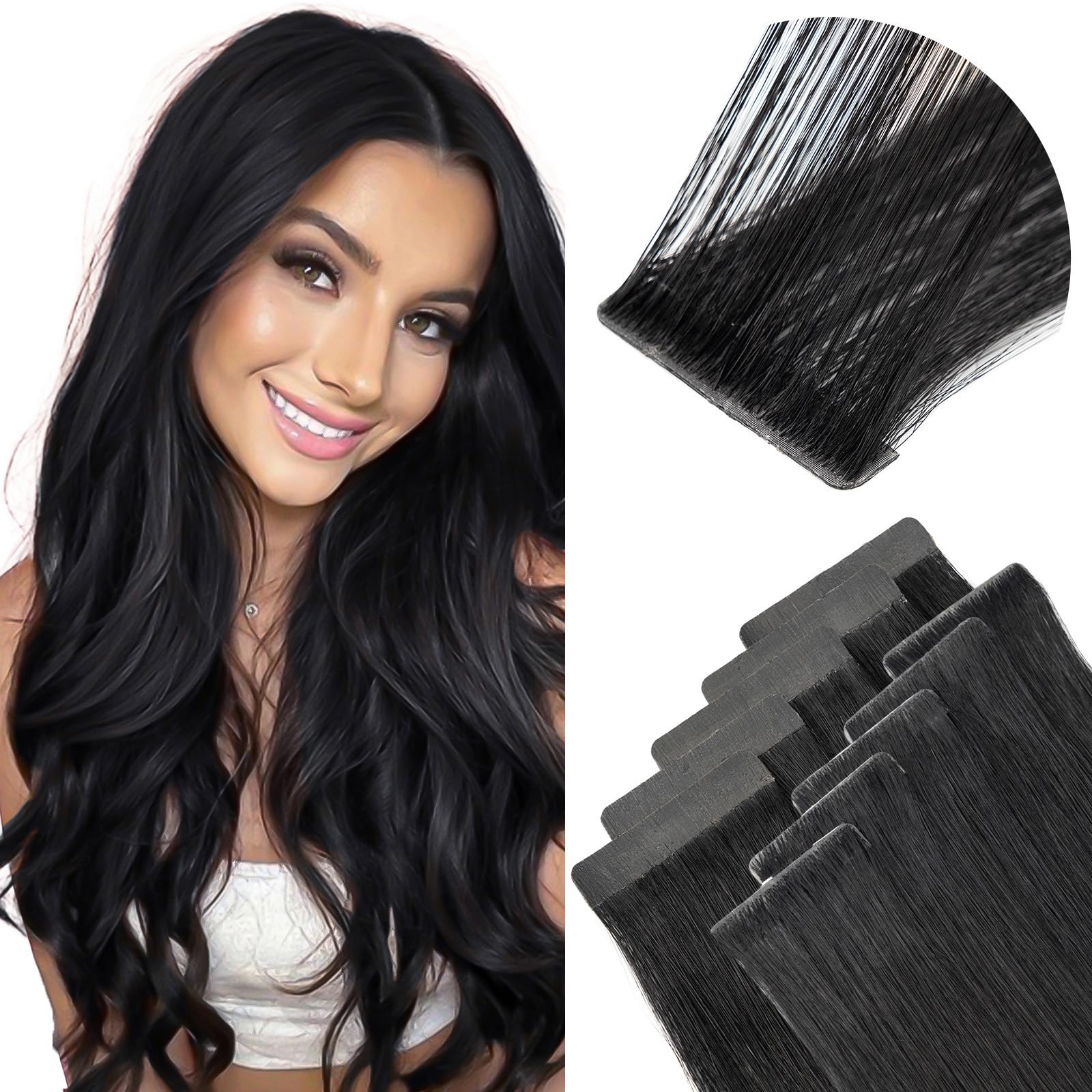 Elailite Invisible Injection Tape in Hair Extensions Human Hair - Skin Weft Remy Natural Real Hair Extension Straight 10 Pcs 25g - #1 Jet Black - 20 Inch — image 1