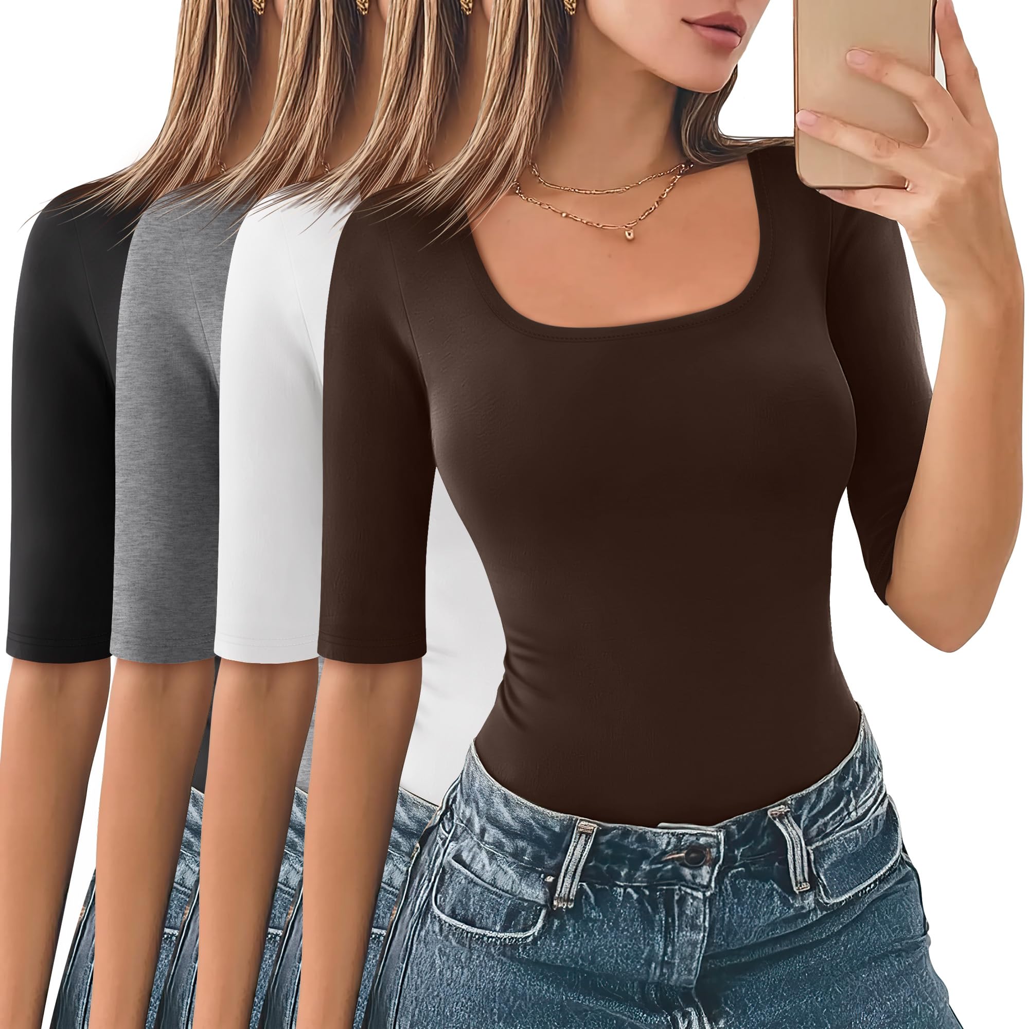 Photo 1 of Neer 4 Pack Women's Half Sleeve Shirts Cotton Elbow Length Tees Stretchy Square Neck Slim Fitted Casual Basic Tops(Black, Light Grey, White, Brown,Large)