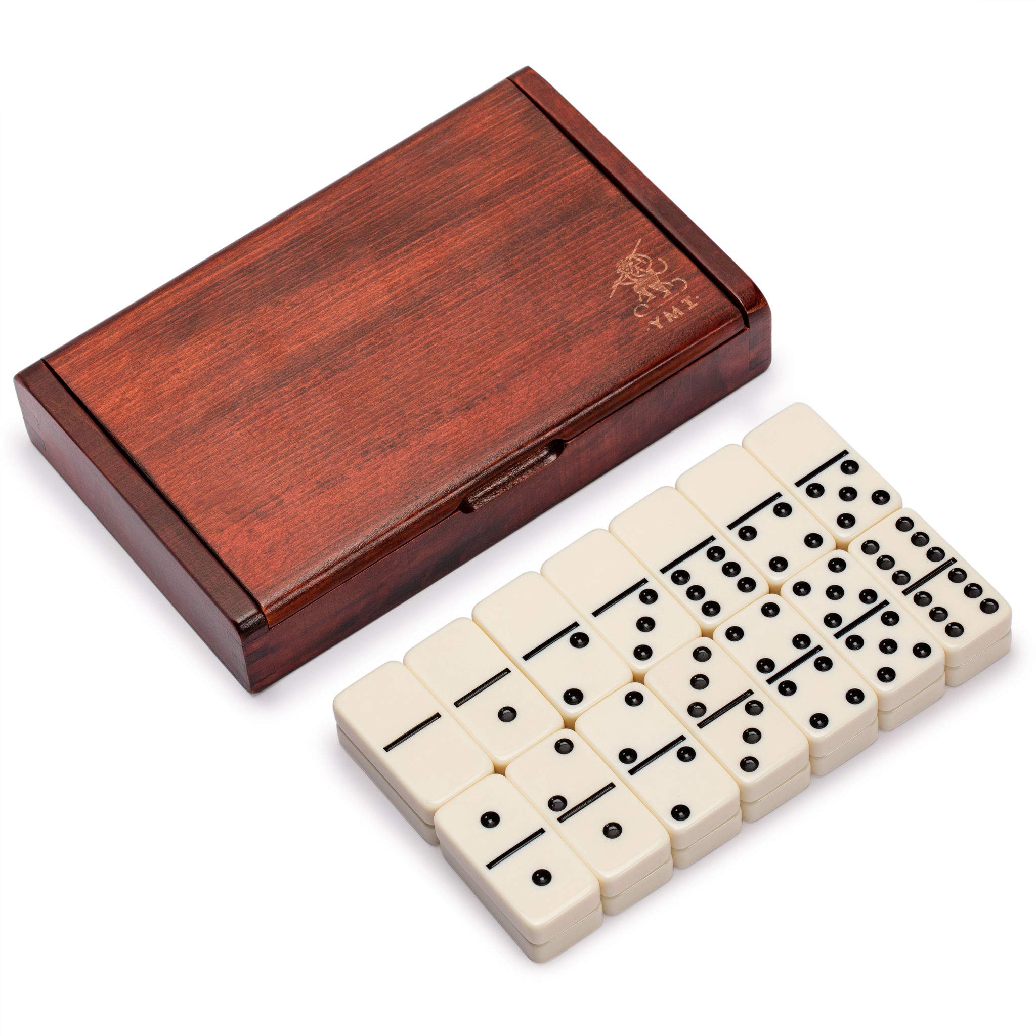 Yellow Mountain Imports 28 Tiles Double 6 Dominoes (Pips/Dots) Game Set - Jumbo Tournament Size Dominos with Dark Oak Wood Case