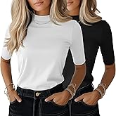 Ficerd 2 Pack Women's Mock Turtleneck T Shirts, Half Sleeve Business Casual Tunic Tops Slim Fit Summer Basic Dressy Tee Shirt