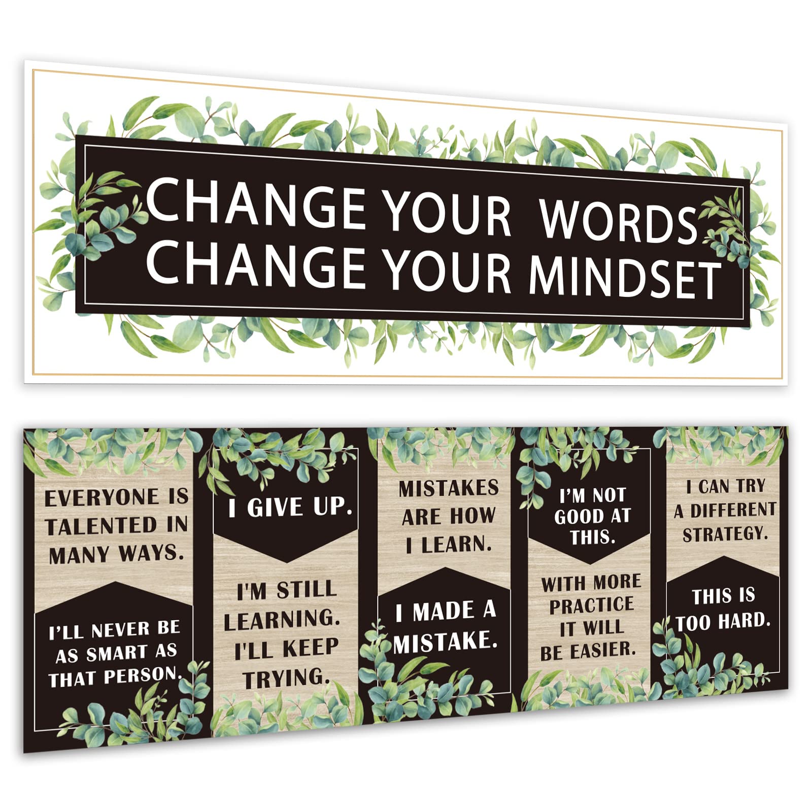 Photo 1 of Boho Eucalyptus Growth Mindset Banner Classroom Decoration Inspirational Bulletin Board Positive Wall Decoration Motivational Posters for School Wall Art Supplies Elementary Middle High School Favors