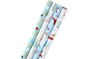 Hallmark Holiday Wrapping Paper Bundle with Cut Lines on Reverse, Quirky Christmas (Pack of 4, 120 sq. ft. ttl) Yeti, Santa, Penguin, Snowflakes, Blue, Gold